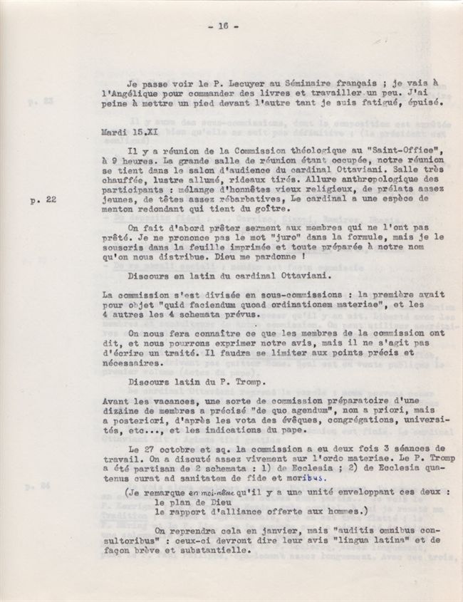 Fragment uit het Conciliedagboek van Yves Congar van 15-11-1960 toen consultor van de Voorbereidende theologische commissie
