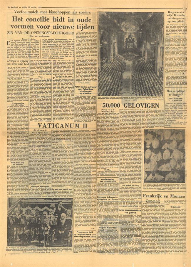 Voorpagina De Standaard 12 oktober 1962: Johannes XXIII opent Vaticanum II, Concilie wil aan oude leer der Kerk een nieuwe formulering geven