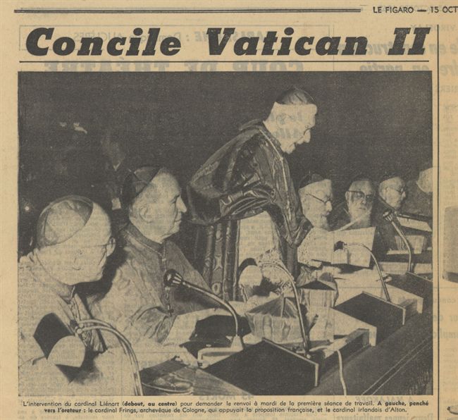 Kardinalen Liénart (staande) en Frings (eerste van links) vragen uitstel van de commissieverkiezing tot dinsdag