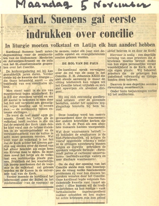 Kardinaal Suenens geeft eerste indrukken over het Concilie