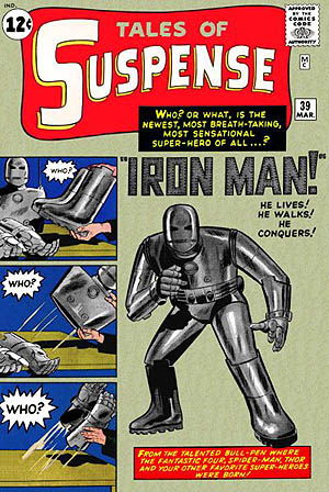 Tales of Suspense nummer 39, maart 1963: geboorte van Iron Man. Cover art door Jack Kirby en Don Heck.
